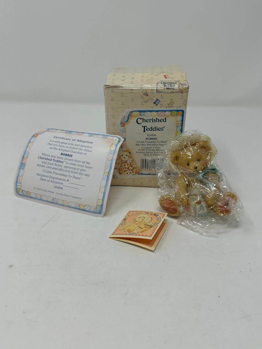 ENESCO Cherished Teddies 1993 "Bobbie" 'A Little Friendship To Share" Baby Bear